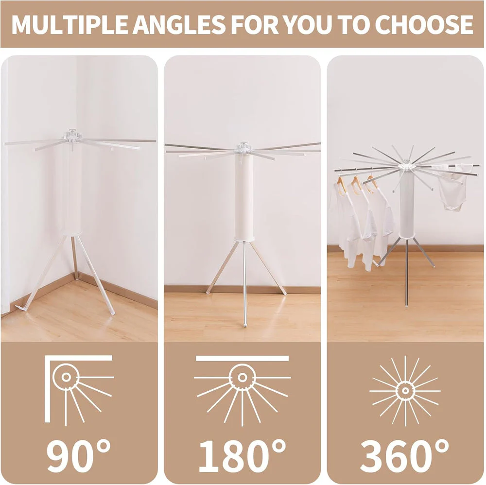 Uscător de Rufe tip Trepied, Pliabil și Compact, cu 16 Brațe Rotative, pentru Interior și Exterior