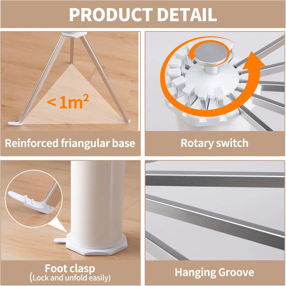 Uscător de Rufe tip Trepied, Pliabil și Compact, cu 16 Brațe Rotative, pentru Interior și Exterior