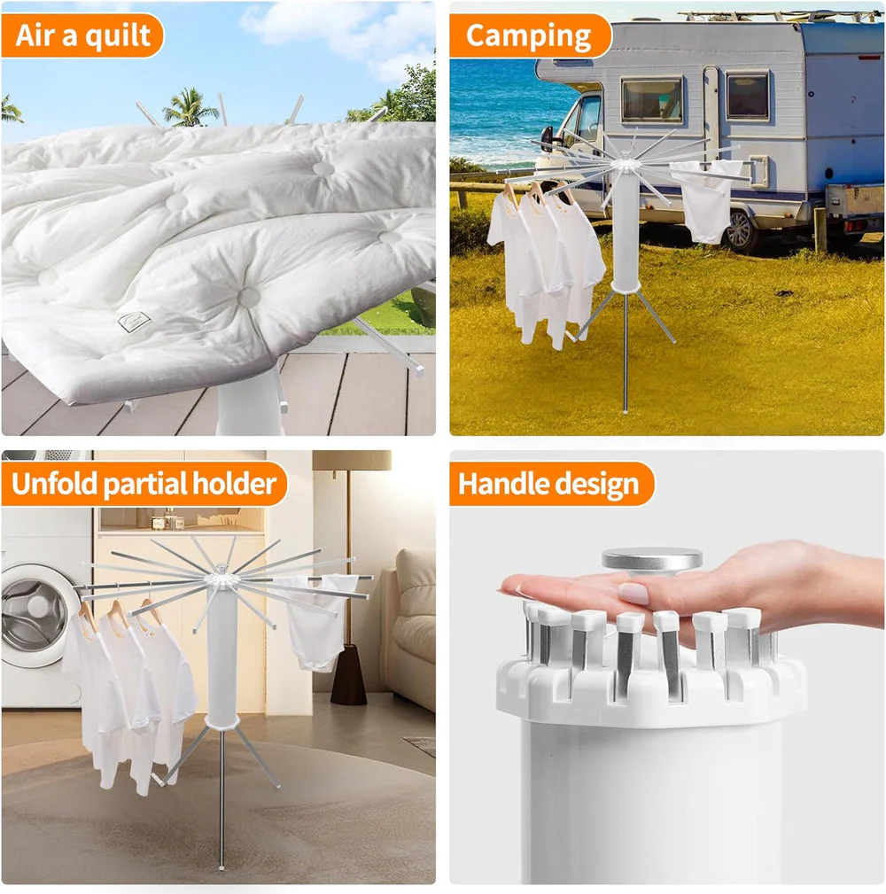 Uscător de Rufe tip Trepied, Pliabil și Compact, cu 16 Brațe Rotative, pentru Interior și Exterior