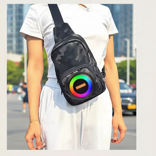Rucsac cu  boxa portabila, Bluetooth 5.0, lumini RGB, FM, TWS si power bank, 17 x 10.5 x 19.5 cm.