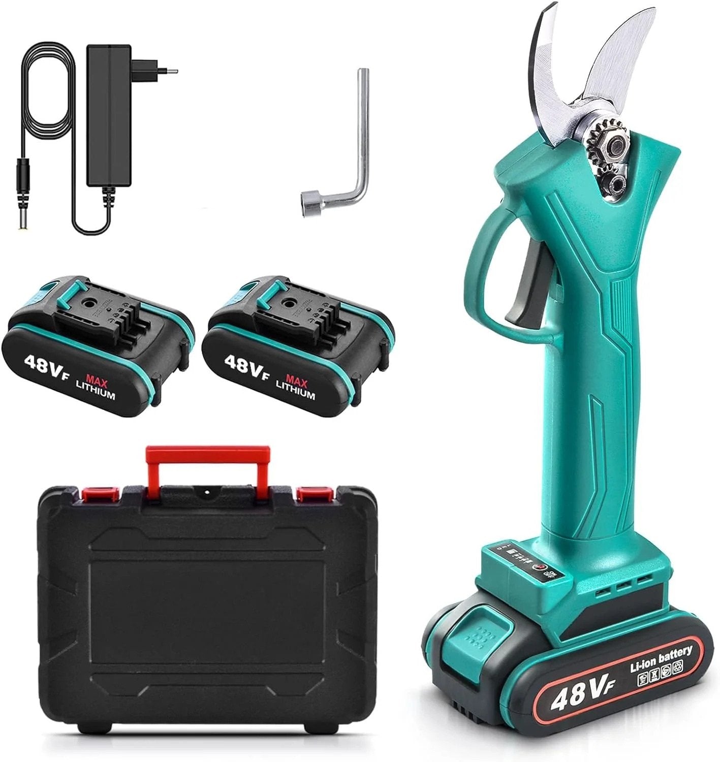 Foarfeca Electrica pentru Gradinarit cu 2 Acumulatori 48V, cu Lama din Otel Carbon, Baterie 9700mAh, Accesorii si Valiza Transport.