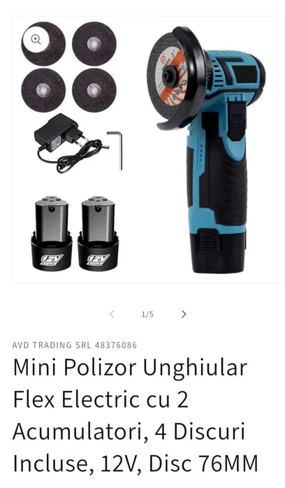 Mini Polizor Unghiular Electric cu 2 Acumulator,Flex Portabil, 12V, Disc 76MM.