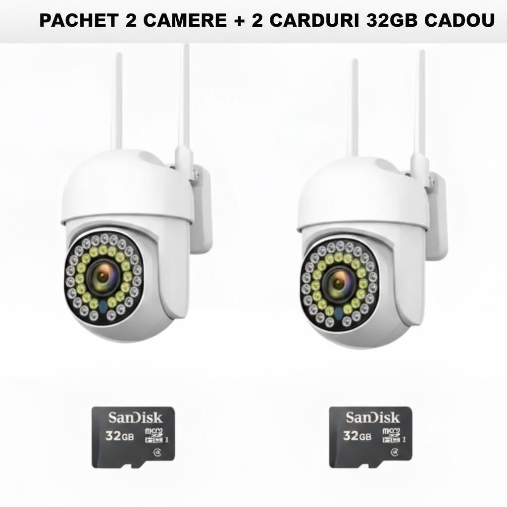 Pachet x2  Camere Wifi de Exterior  + x2 Card 32 GB, Vizualizare Live pe Telefon, Night Vision, Senzor de Miscare
