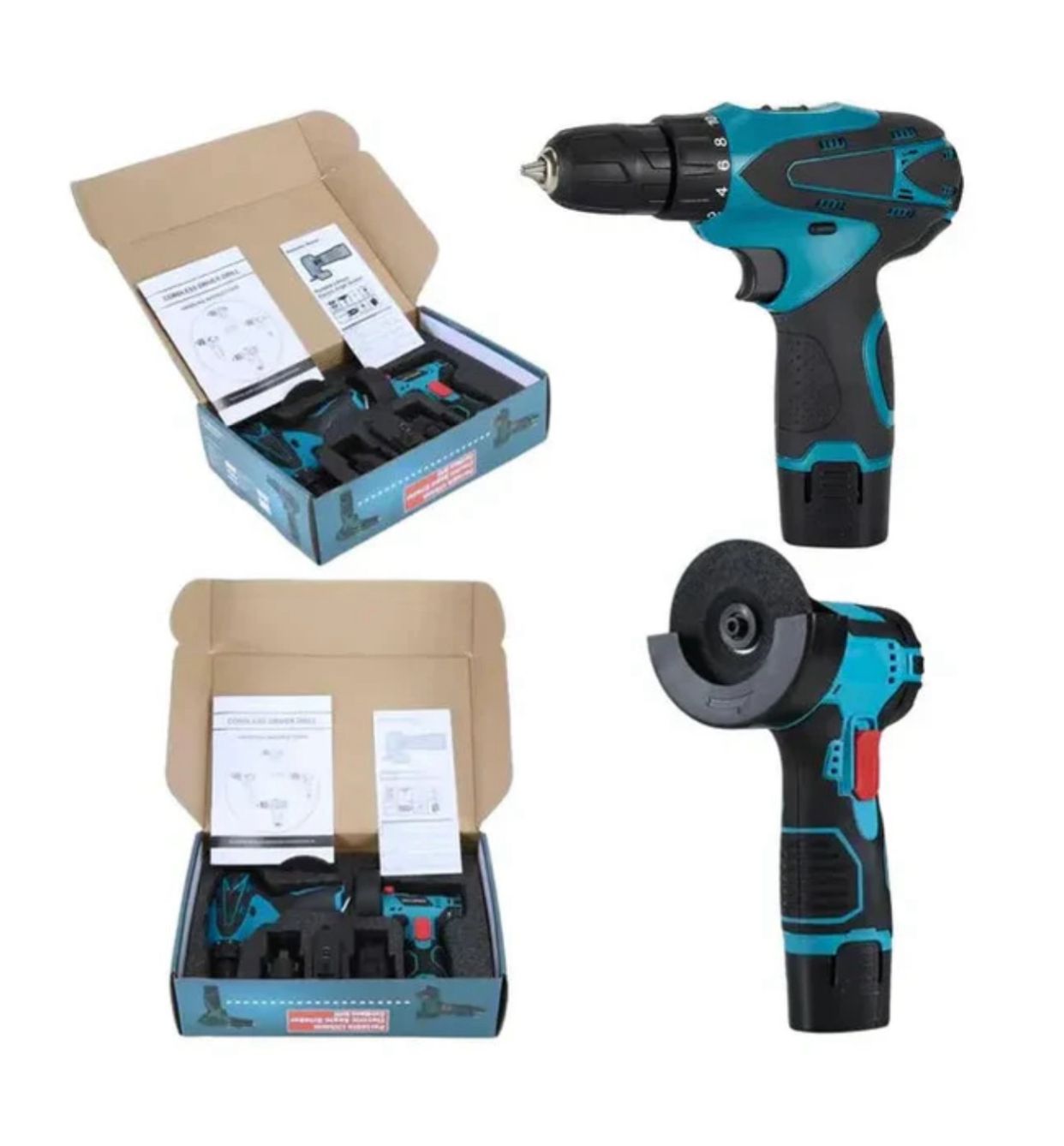 Trusă profesională 2 în 1: flex și bormașină 48V cu acumulatori și accesorii incluse..