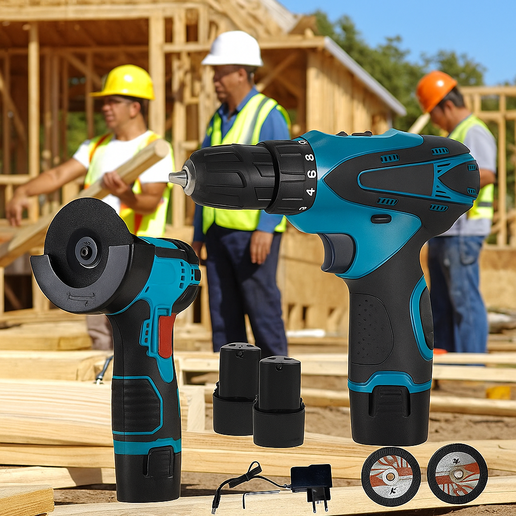 Trusă profesională 2 în 1: flex și bormașină 48V cu acumulatori și accesorii incluse..